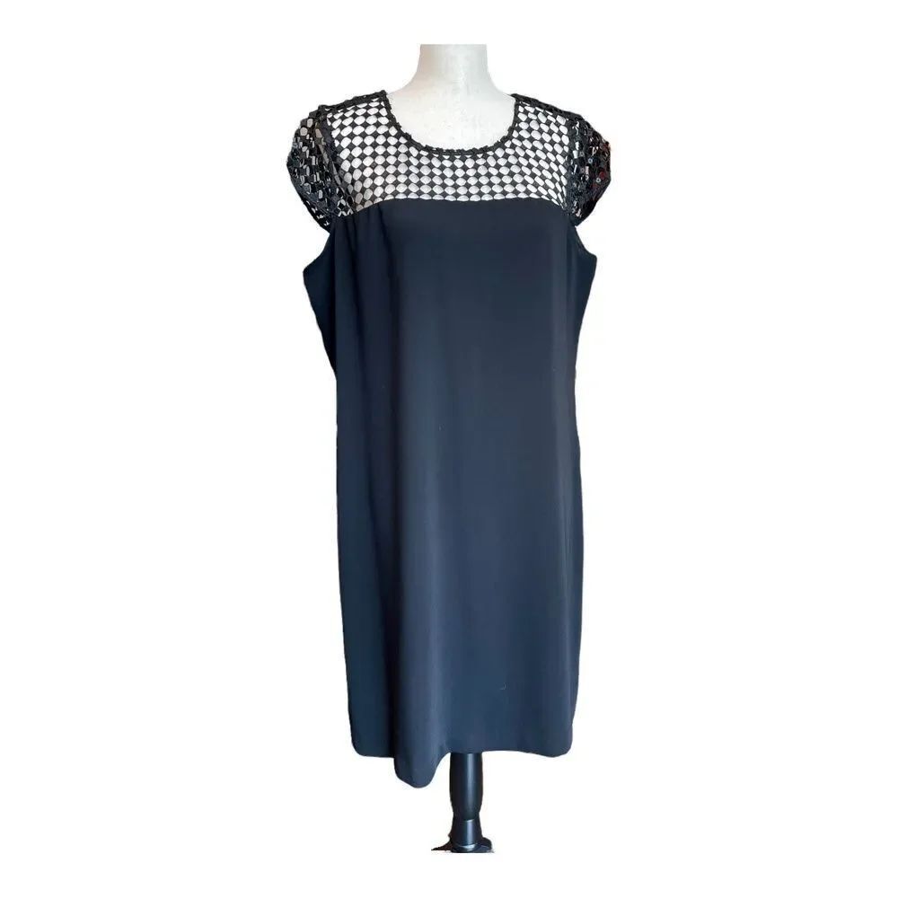 Calvin Klein Black Sequin Crochet Mesh Shift Dress Cap Sleeve Cocktail Size 14 - Picture 4 of 11